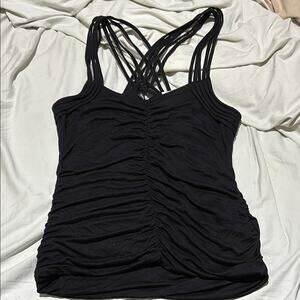 Double Zero xl Elegant Black Ruched Women's Top with crazy woven tank straps NWT